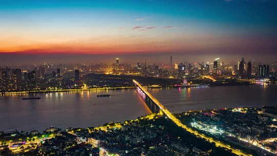 湖北武汉长江大桥夜景航拍城市天际线