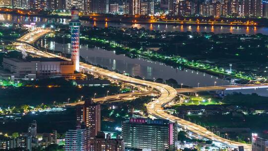 沿海城市夜晚 城市建筑 城市交通 延时拍摄