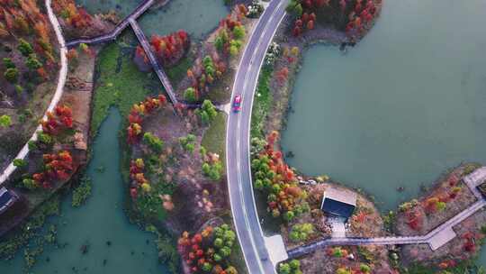 高空视角俯拍水上公路行驶的汽车