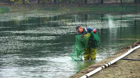 渔民穿着雨裤在水中拉网捕鱼