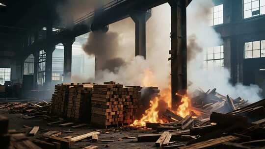 工厂内木材燃烧场景