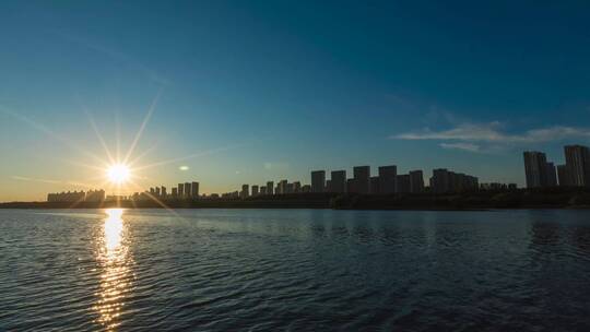 太阳下山城市日落 河边日落 沈阳日落风景视频素材模板下载