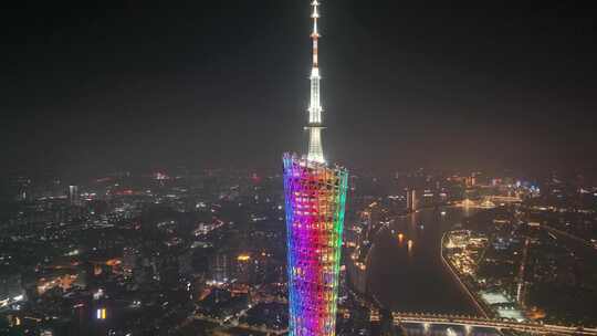 广州海珠区广州塔小蛮腰夜晚夜景航拍广东城视频素材模板下载