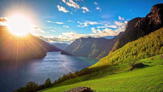 4k风景新疆瑞士湖景太阳下山延时