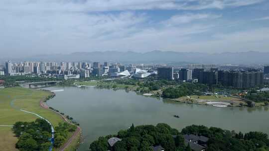 城市河畔风光鸟瞰 衢州文化艺术中心