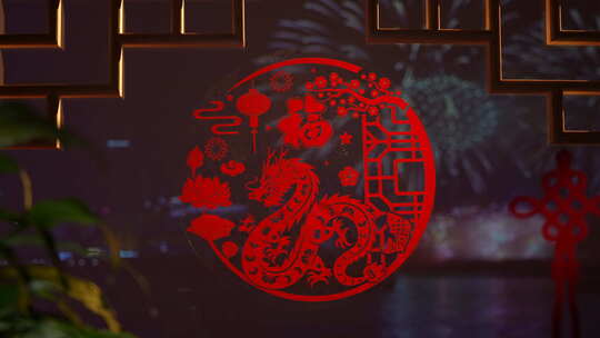 温馨团圆春节 窗外烟花绽放视频素材模板下载