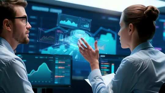 商务人士探讨虚拟数据画面