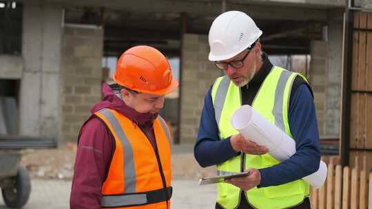 智能土木建筑师工程师和建筑工人在数字平板