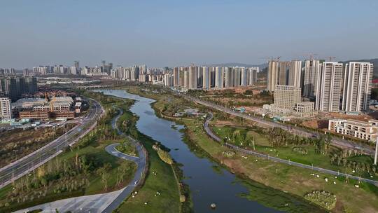 高清航拍四川眉山天府新区柴桑河楼房建筑视频素材模板下载