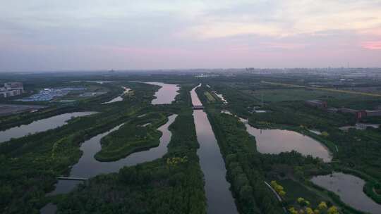 天津海河教育园区湿地公园自然风光航拍