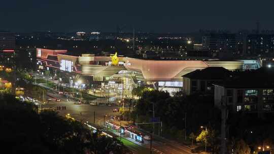 航拍上海松江印象城广富林路店夜景