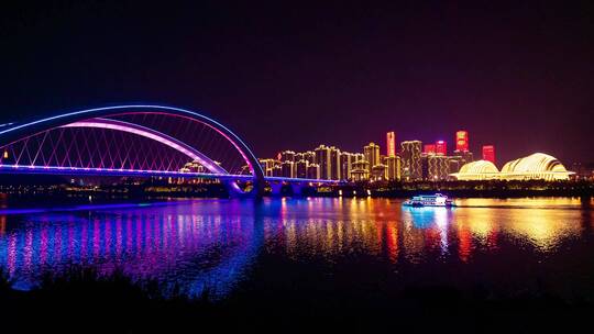 广西南宁五象新区南宁大桥邕江夜景视频素材模板下载