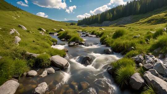 山间溪流草地森林风景