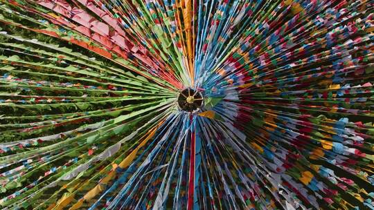 西藏林芝高原五彩的祈福经幡航拍4K