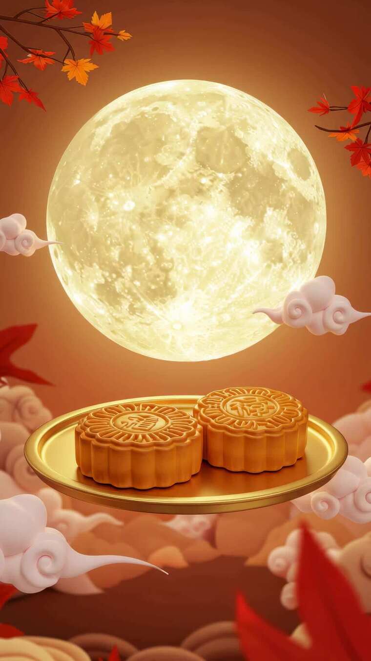中秋月饼与圆月背景竖屏素材