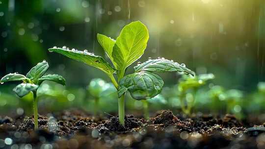 4K晨曦植物嫩芽绿色幼苗小雨自然风光