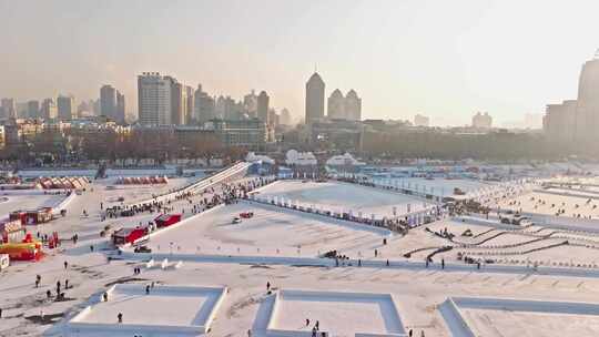 哈尔滨松花江上冬季冰雪嘉年华航拍