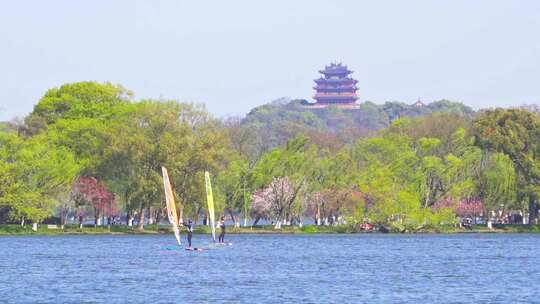 杭州西湖帆船训练慢镜头