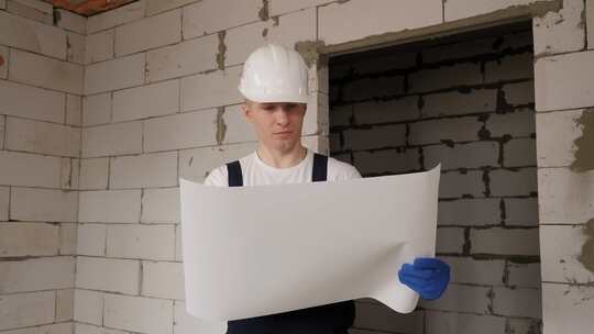 一个穿着工作服和头盔的建筑工人，上面有一视频素材模板下载