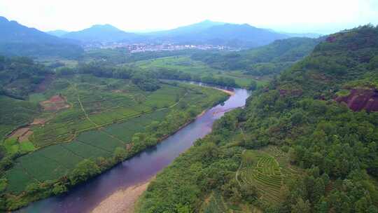 航拍武夷山九曲溪竹筏漂流岩茶茶园丹霞地貌