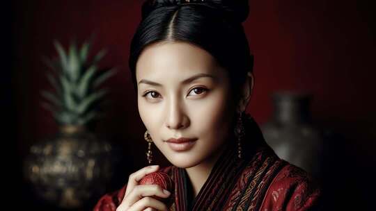 古典美人身着华服手持红球静谧美好