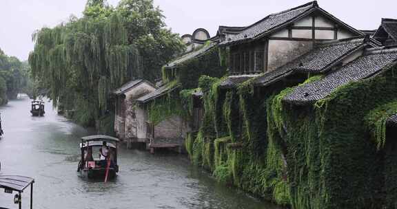 （慢镜）中国江南水乡千年古镇乌镇下雨天