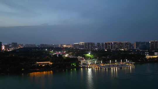 航拍河南商丘市日月湖景区夜景