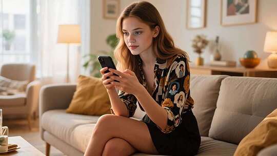 女子客厅沙发上使用手机