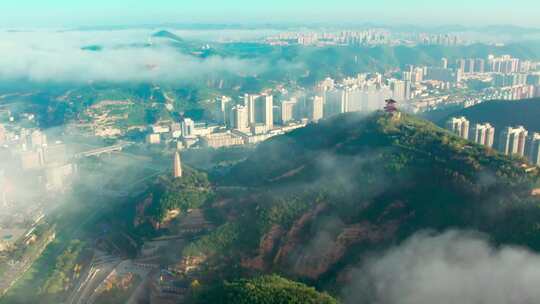 延安宝塔山与城区秋雾全景航拍-4k宣传片