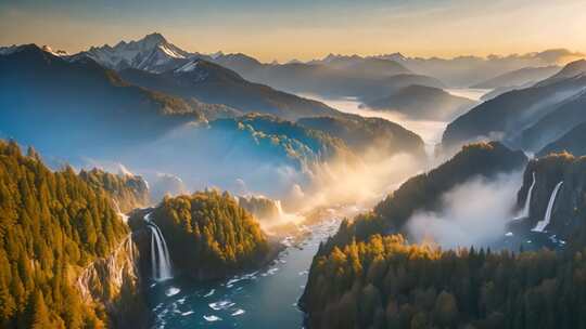 山间河流瀑布日出全景