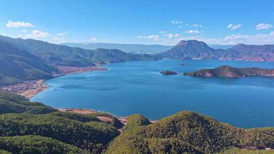 云南丽江泸沽湖全景航拍视频素材