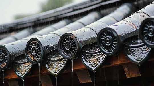 江南古建筑雨季清明节屋檐滴水雨水流淌