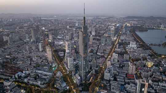 江苏南京CBD紫峰大厦建筑群日落延时