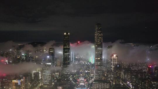 广州市中心珠江新城雨天夜景航拍