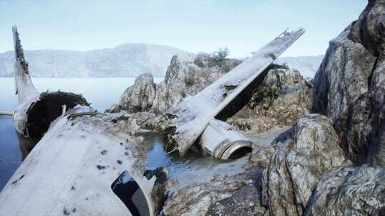 海滩上的飞机残骸，靠近海洋的岩石