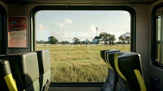 火车车厢内窗外田野风光
