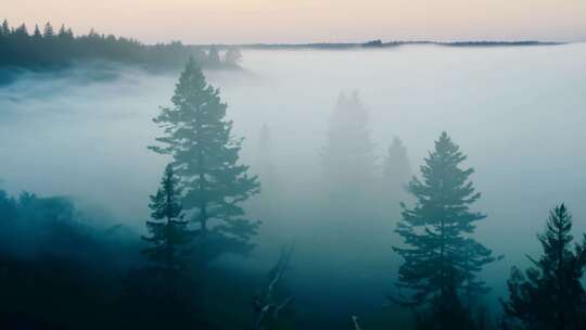 迷雾森林中高大挺拔的松树全景