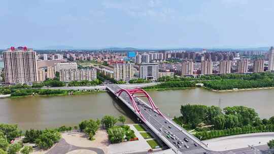 中国吉林梅河口辉发河华阳大桥城市航拍