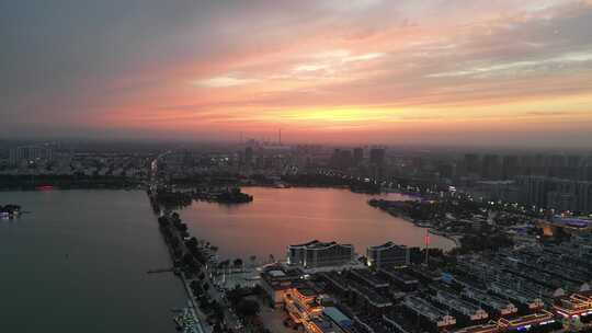 航拍山东聊城东昌湖景区夕阳晚霞