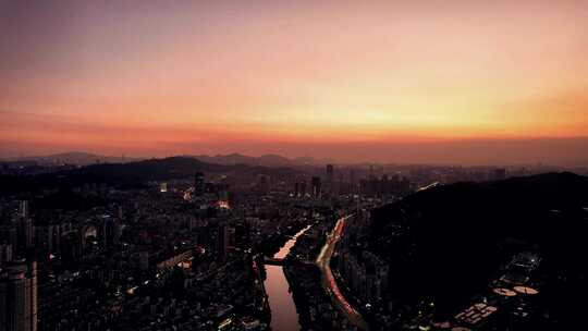 广东珠海城市晚霞夜幕降临航拍