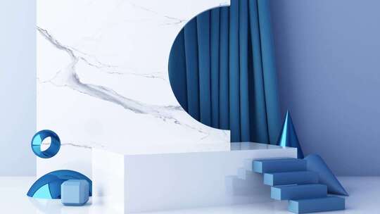 最小场景与讲台和抽象背景。金色和柔和的彩