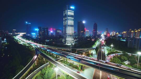 航拍夜晚杭州滨江时代大道高架中兴立交夜景视频素材模板下载