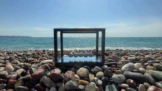 海边的牛顿摆球，时间流逝视频素材模板下载
