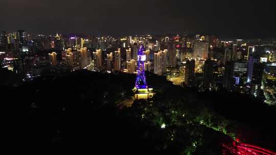 福州夜晚城市景观及亮灯电视塔俯瞰全景