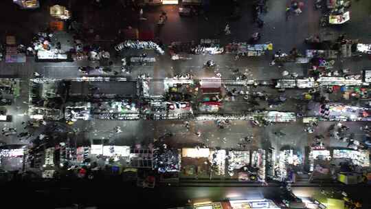 城市夜市步行街夜景人流航拍