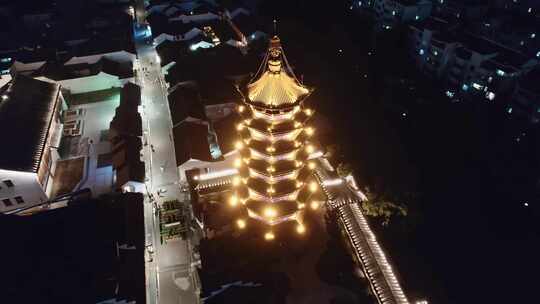 航拍上海松江泗泾古镇夜景