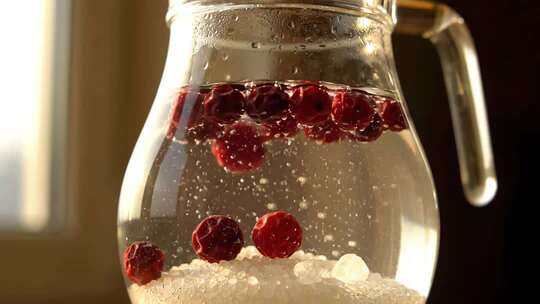 手将树莓放入装有糖的玻璃瓶