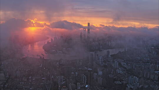 【4K】上海外滩日出火烧云盛况