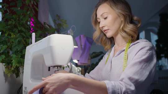 一名专注的女裁缝在缝纫机上熟练地操纵一块视频素材模板下载