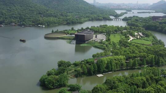 航拍杭州萧山湘湖跨湖桥遗址博物馆